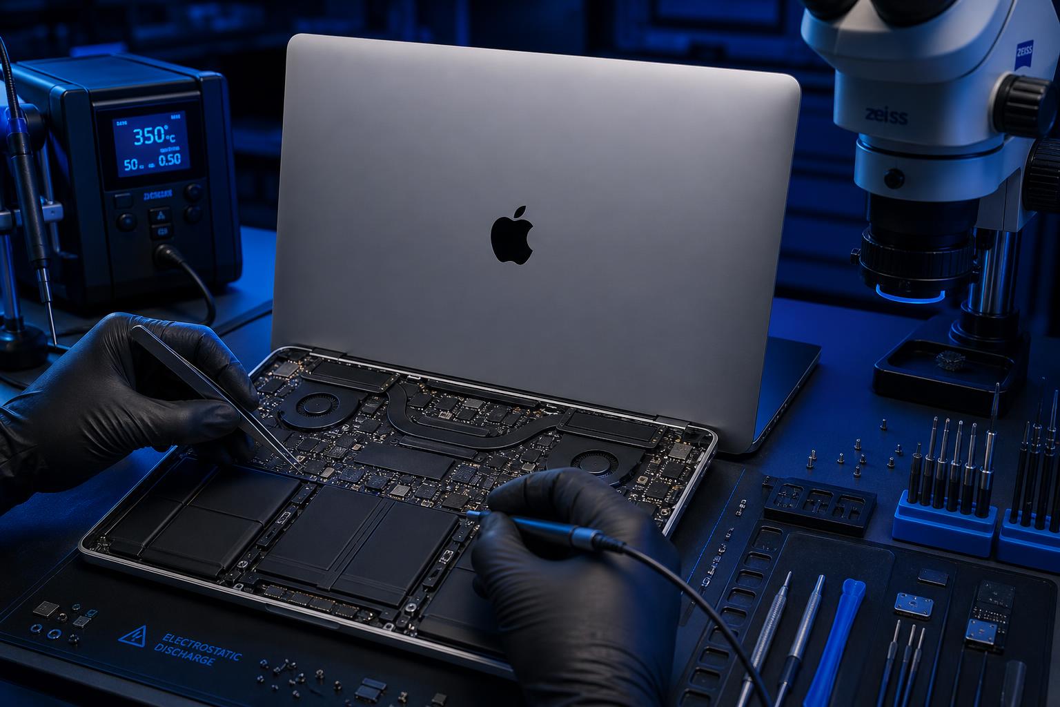 MacBook Pro aberto em bancada de microeletrônica com placa lógica exposta, microscópio e estação de solda profissional