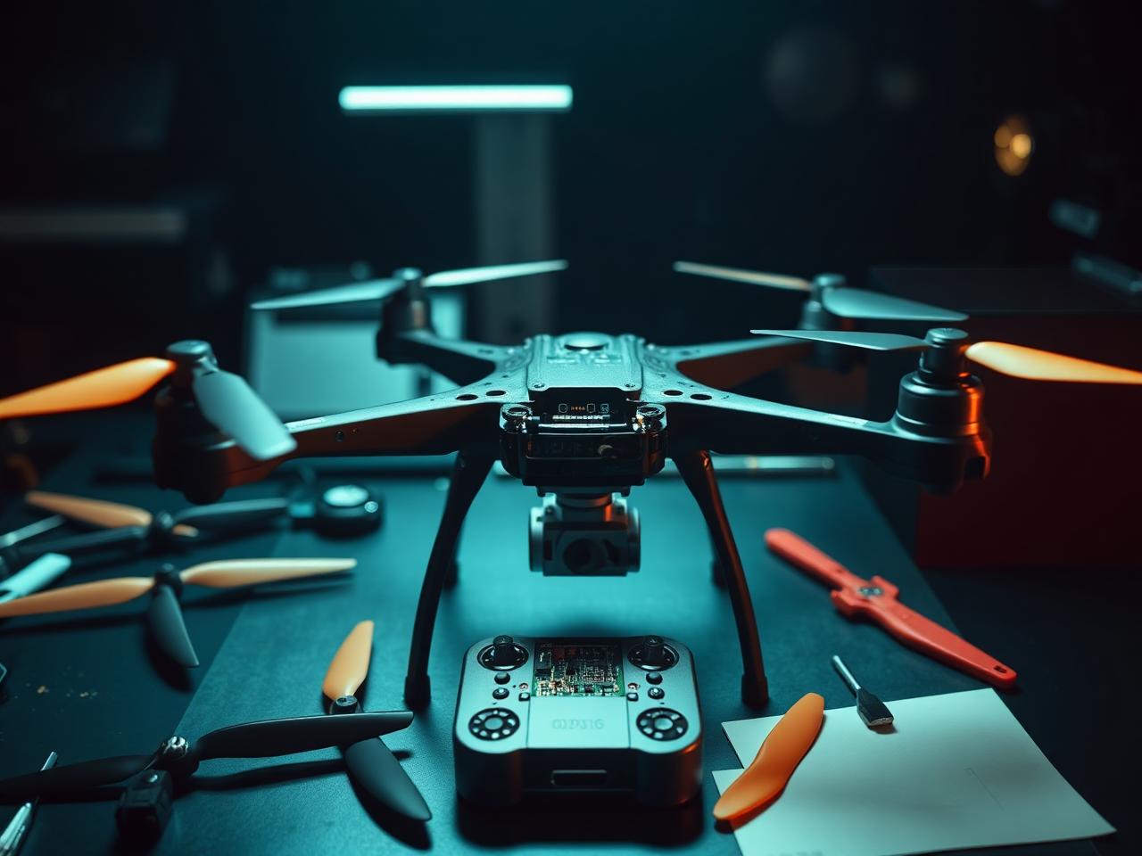 Drone desmontado em bancada com placa embarcada visível