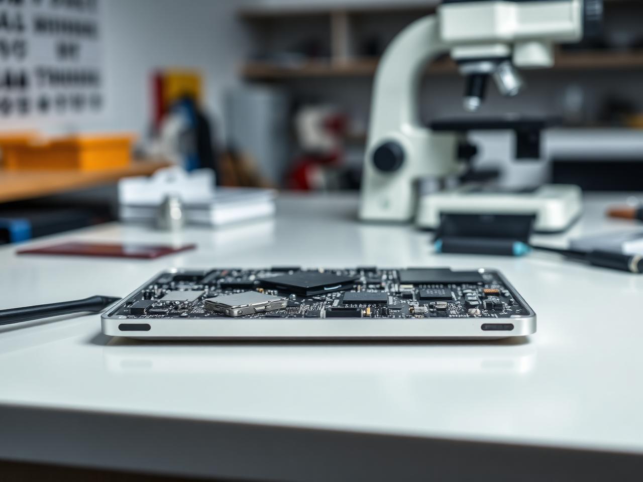 MacBook desmontado mostrando a placa lógica em laboratório