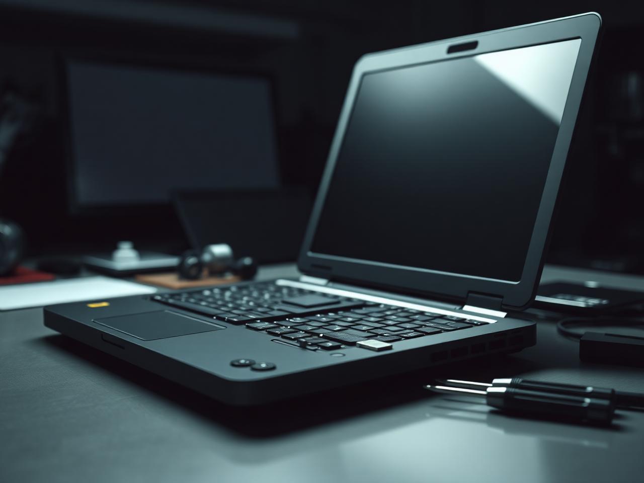Notebook aberto em bancada profissional com placa-mãe à mostra