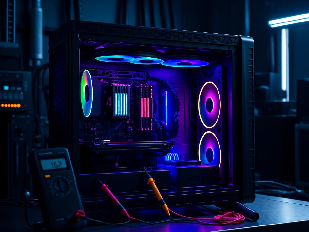 Gabinete de PC gamer aberto com placa-mãe sob análise